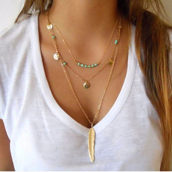 Boho Turquoise Layered Gold Feather Necklace - Picture 3 of 3